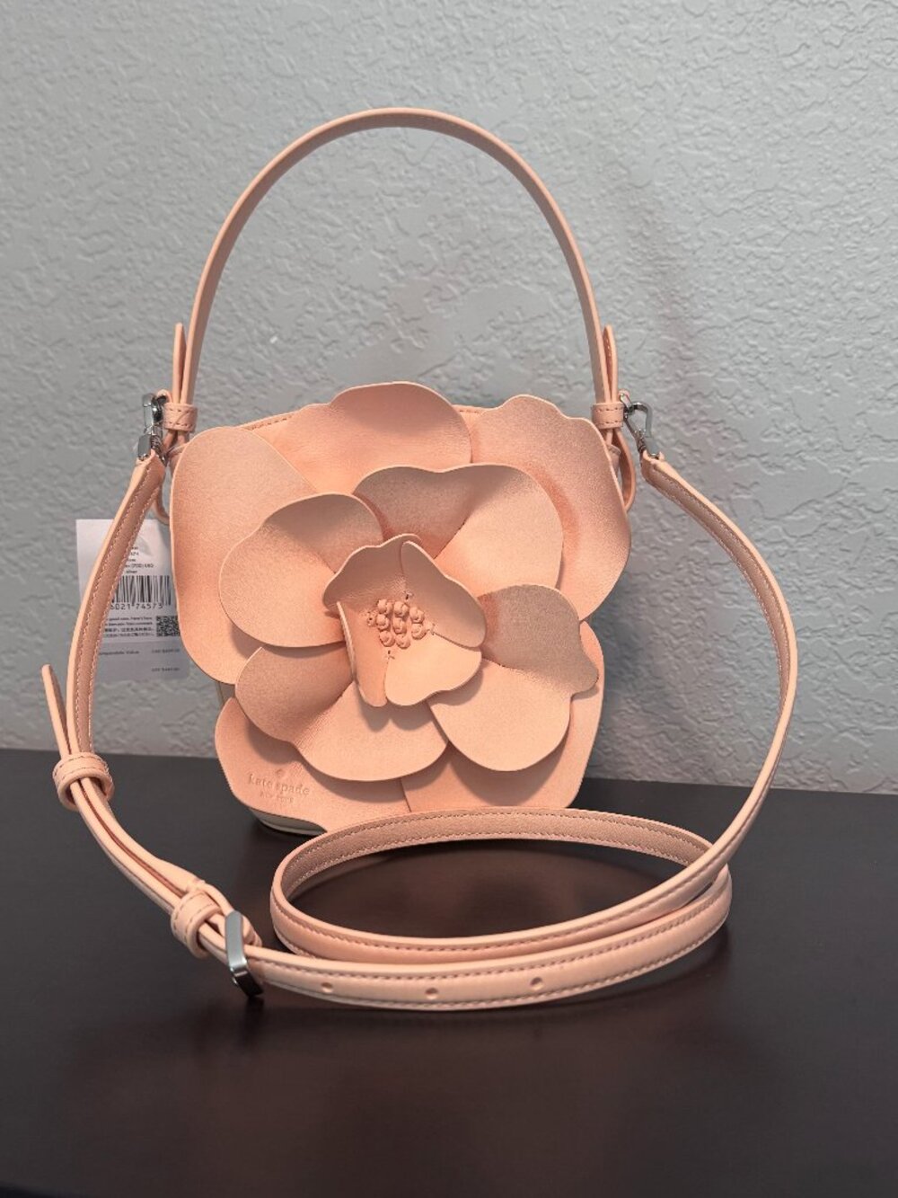 Kate Spade Flora Bucket Bag Appliqué 3D Flower Leather Crossbody Purse NWT Peach